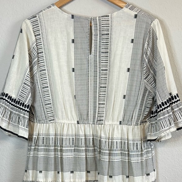 F & F Black Cream Cotton Poplin Bell Sleeve Tiered Split Neck Prairie Boho Dress - Picture 8 of 11